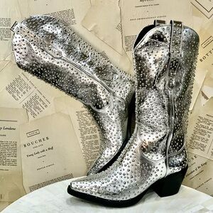 Free People Jeffrey Campbell Dagget Western Boot Silver Studded MetallicLeather